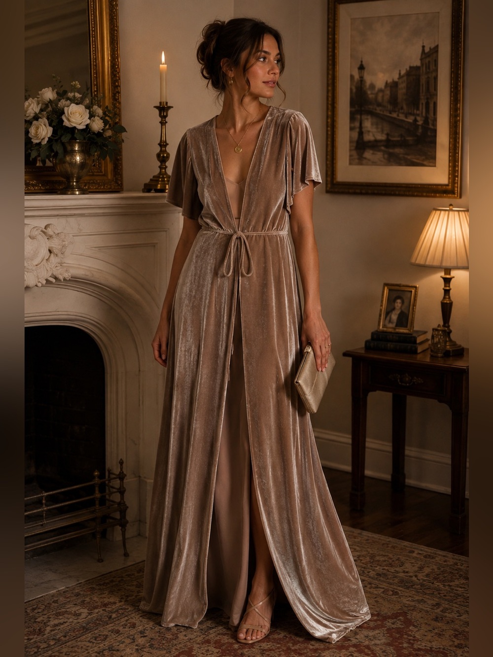 Baltic Born Champagne Velvet Duster Maxi Dress Tie Front Size S NWT